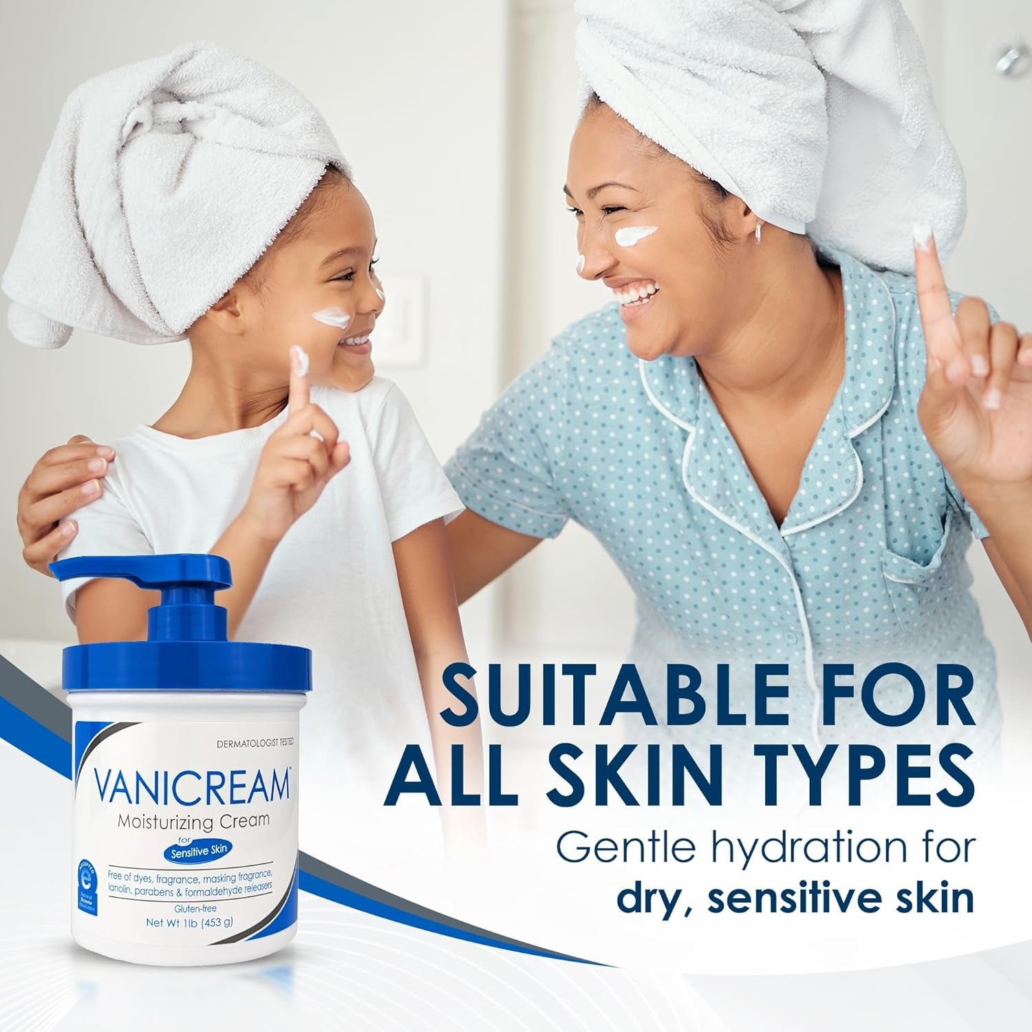 Woman and child with Vanicream moisturizing cream, suitable for all skin types.