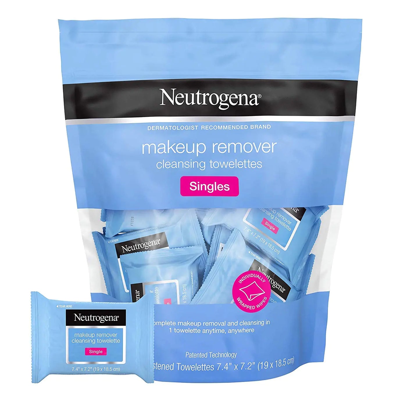 Neutrogena Makeup Remover Cleansing Towelette Singles Daily Face Wipes to Remove Dirt Oil Makeup & Waterproof Mascara Individually Wrapped 20 ct (Pack of 2)