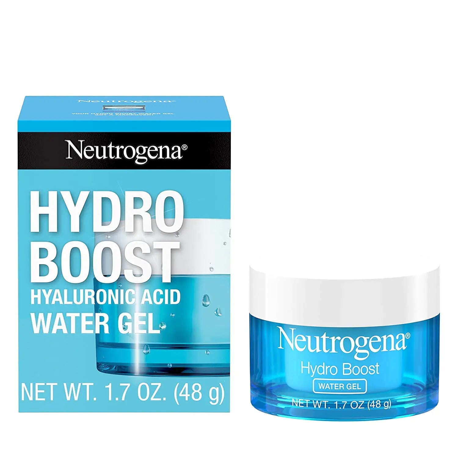 Neutrogena Hydro Boost Hyaluronic Acid Water Gel packaging and jar on a white background